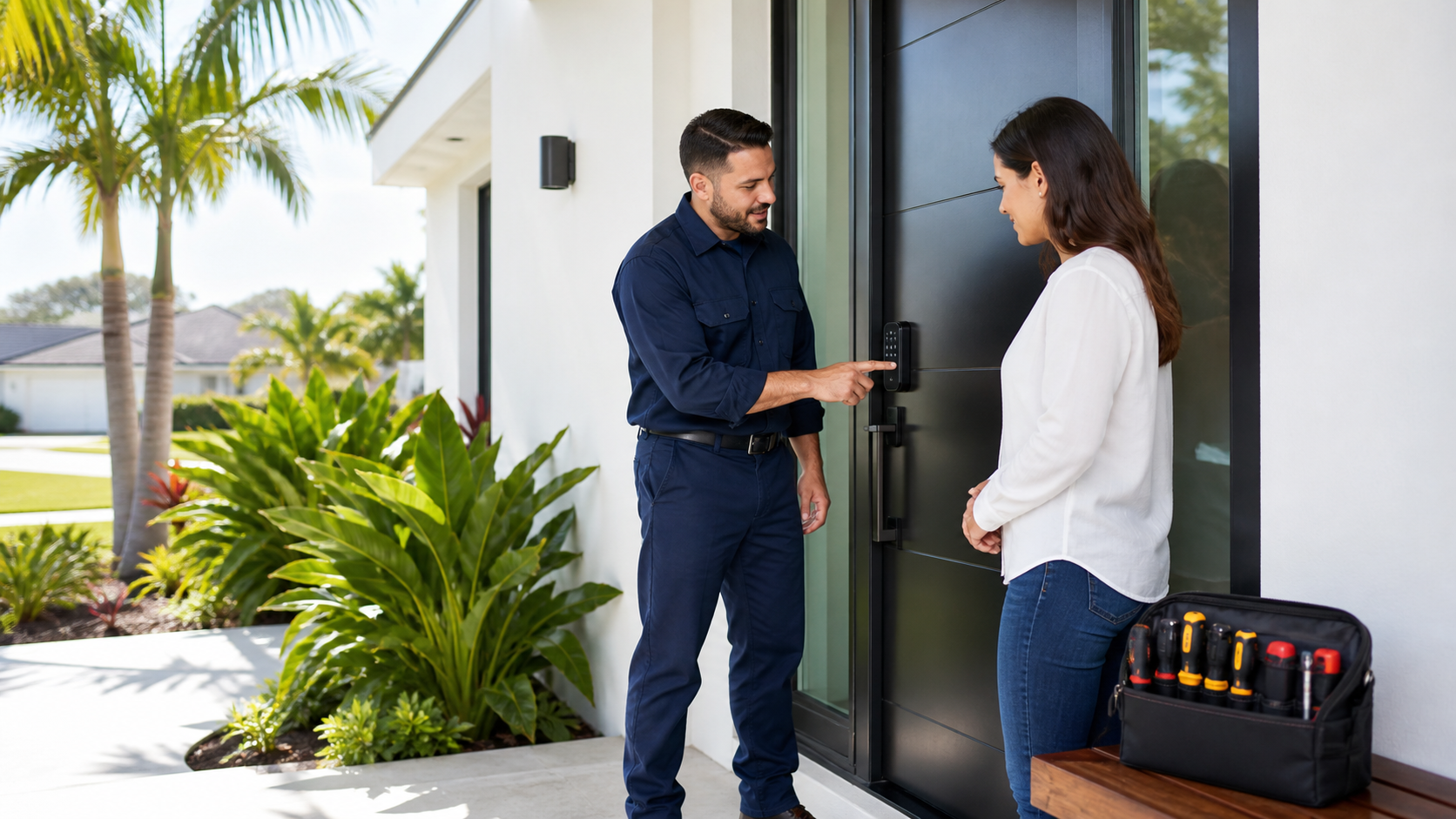 Elite Lock Services locksmith demonstrating a smart keypad lock