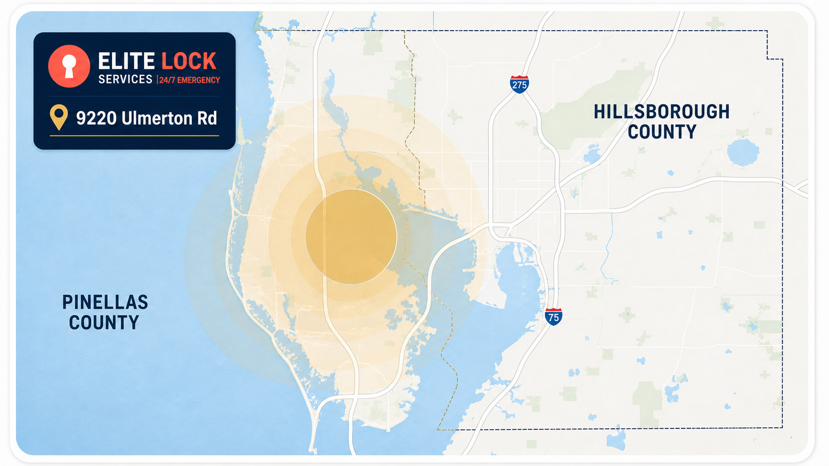 Elite Lock Services locksmith coverage map for Largo, Pinellas County, and Hillsborough County, Florida